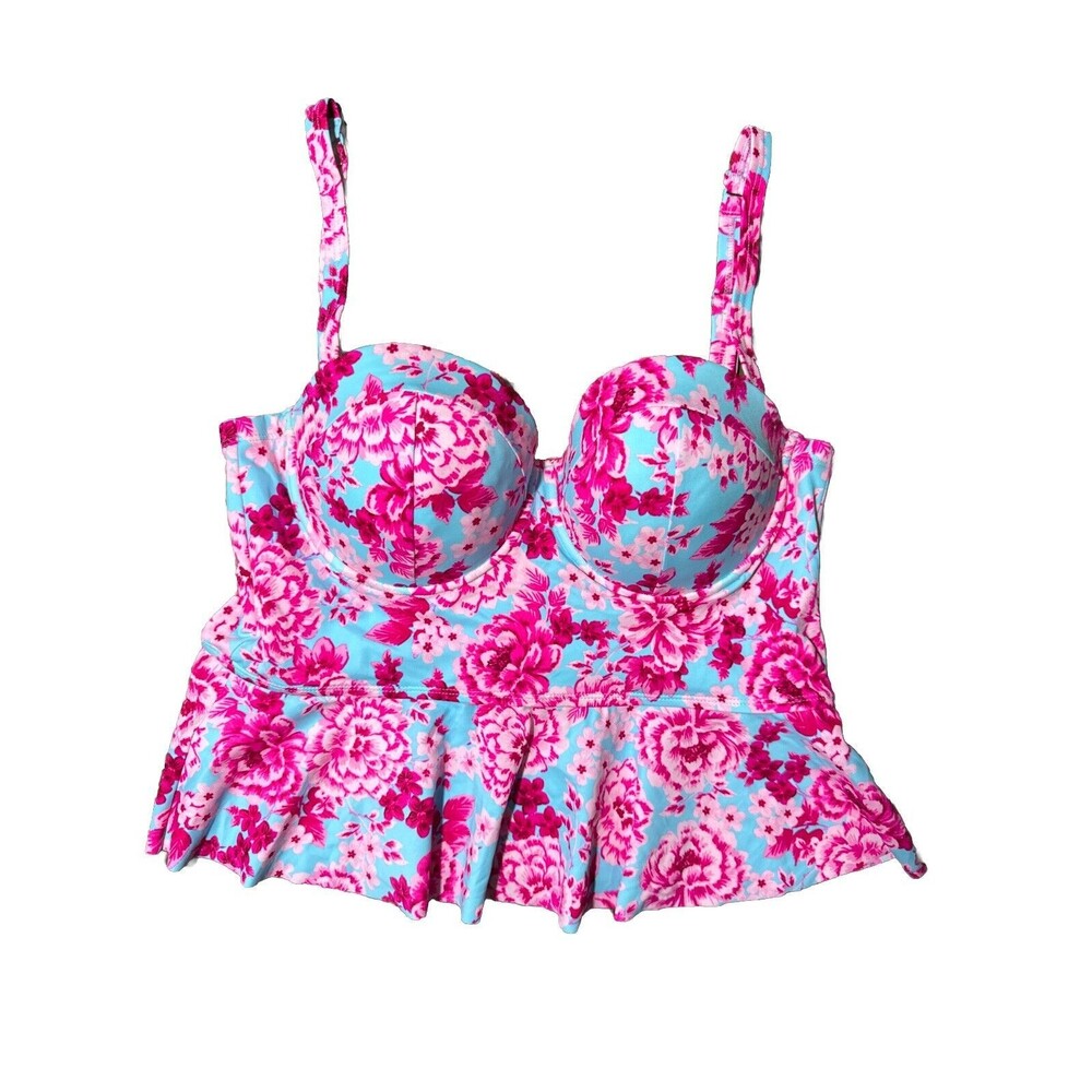 Torrid Floral Tankini Ruffle Swim Top Aqua Blue & Pink Beach Vacation Bathing Su - Picture 5 of 7